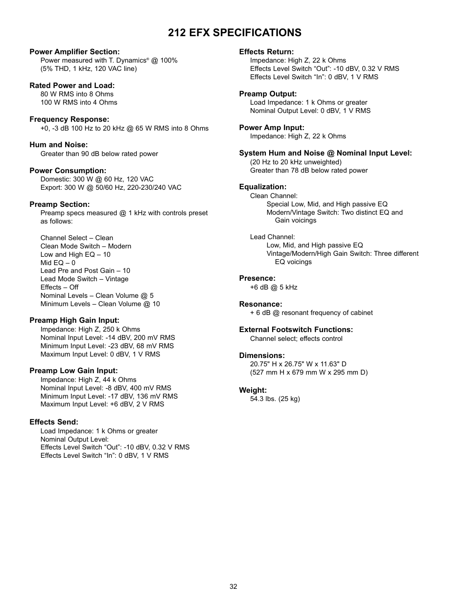 212 efx specifications | Peavey TransTube 100 EFX User Manual | Page 32 / 48