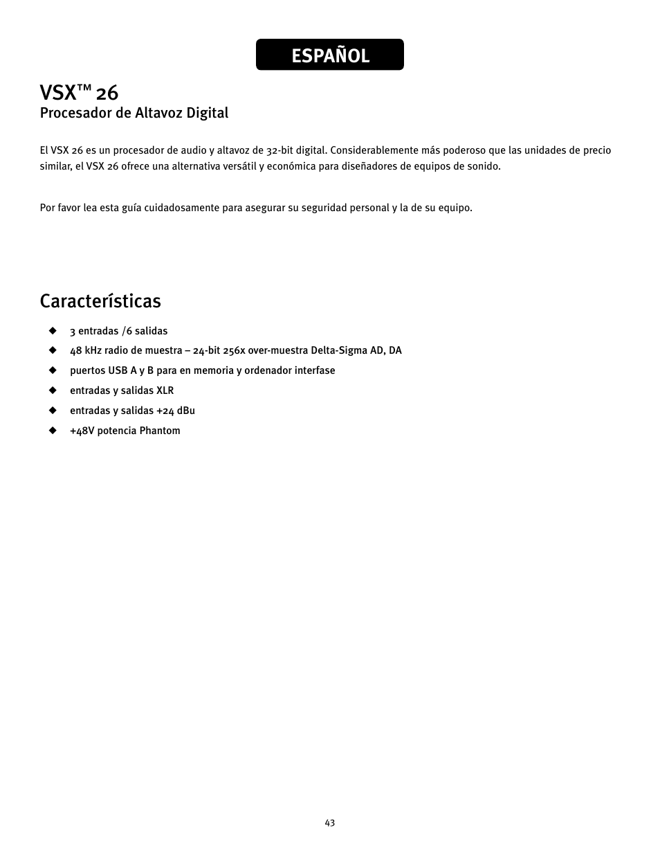 Español características | Peavey 26 User Manual | Page 43 / 56