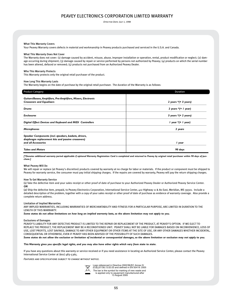 Peavey electronics corporation limited warranty | Peavey 26 User Manual | Page 55 / 56