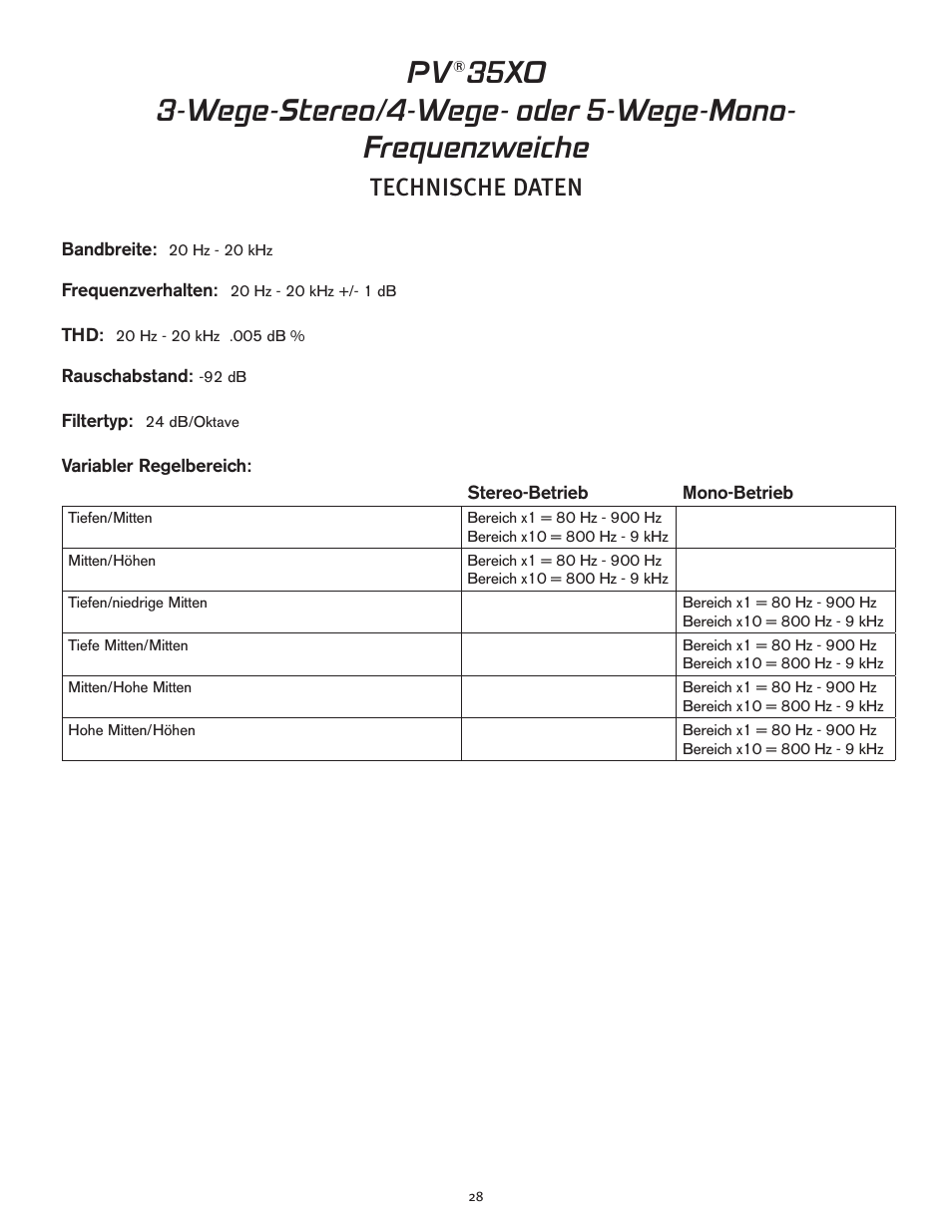 Technische daten | Peavey PV 35XO User Manual | Page 28 / 56