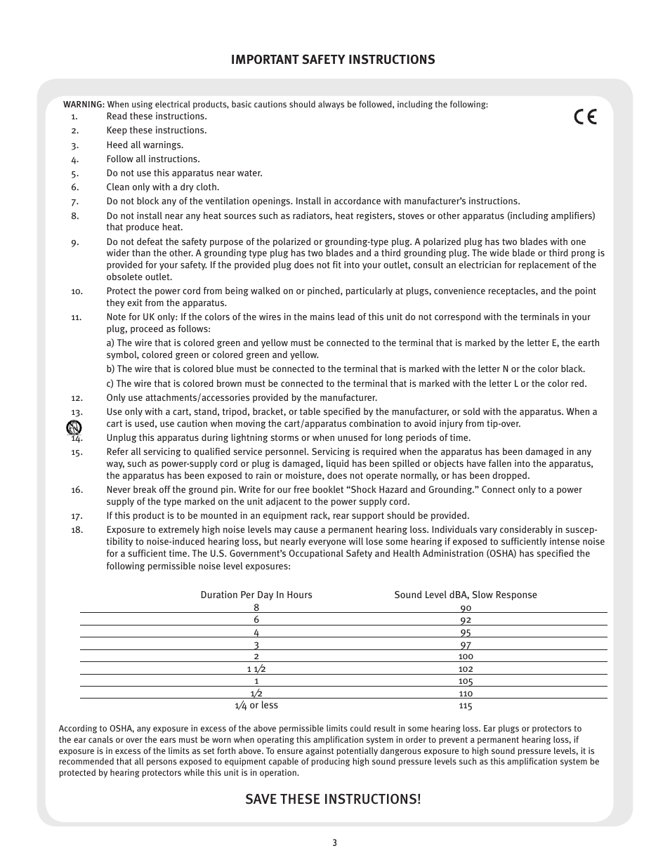 Save these instructions, Important safety instructions | Peavey PV 35XO User Manual | Page 3 / 56