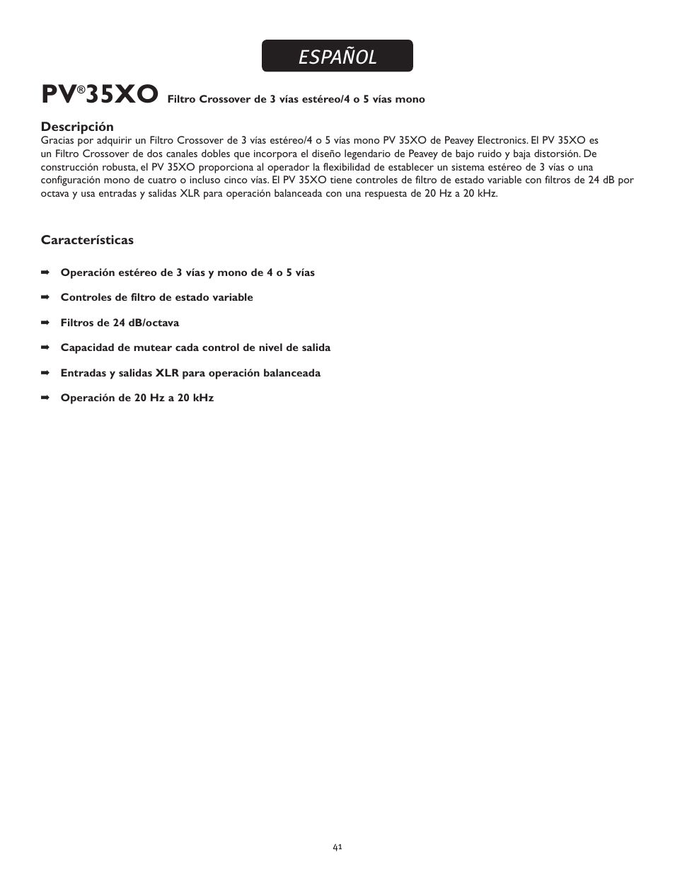 35xo, Español | Peavey PV 35XO User Manual | Page 41 / 56