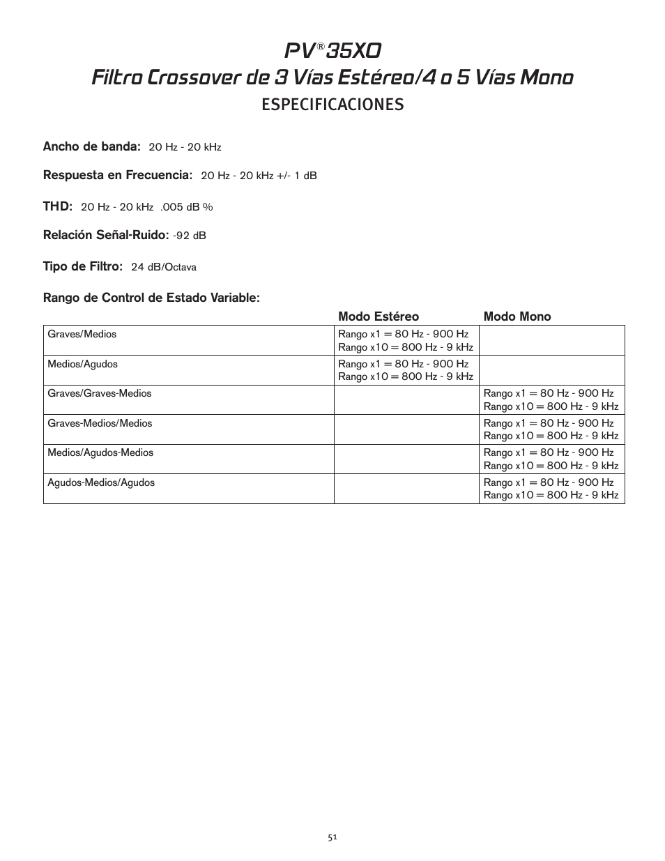 Especificaciones | Peavey PV 35XO User Manual | Page 51 / 56