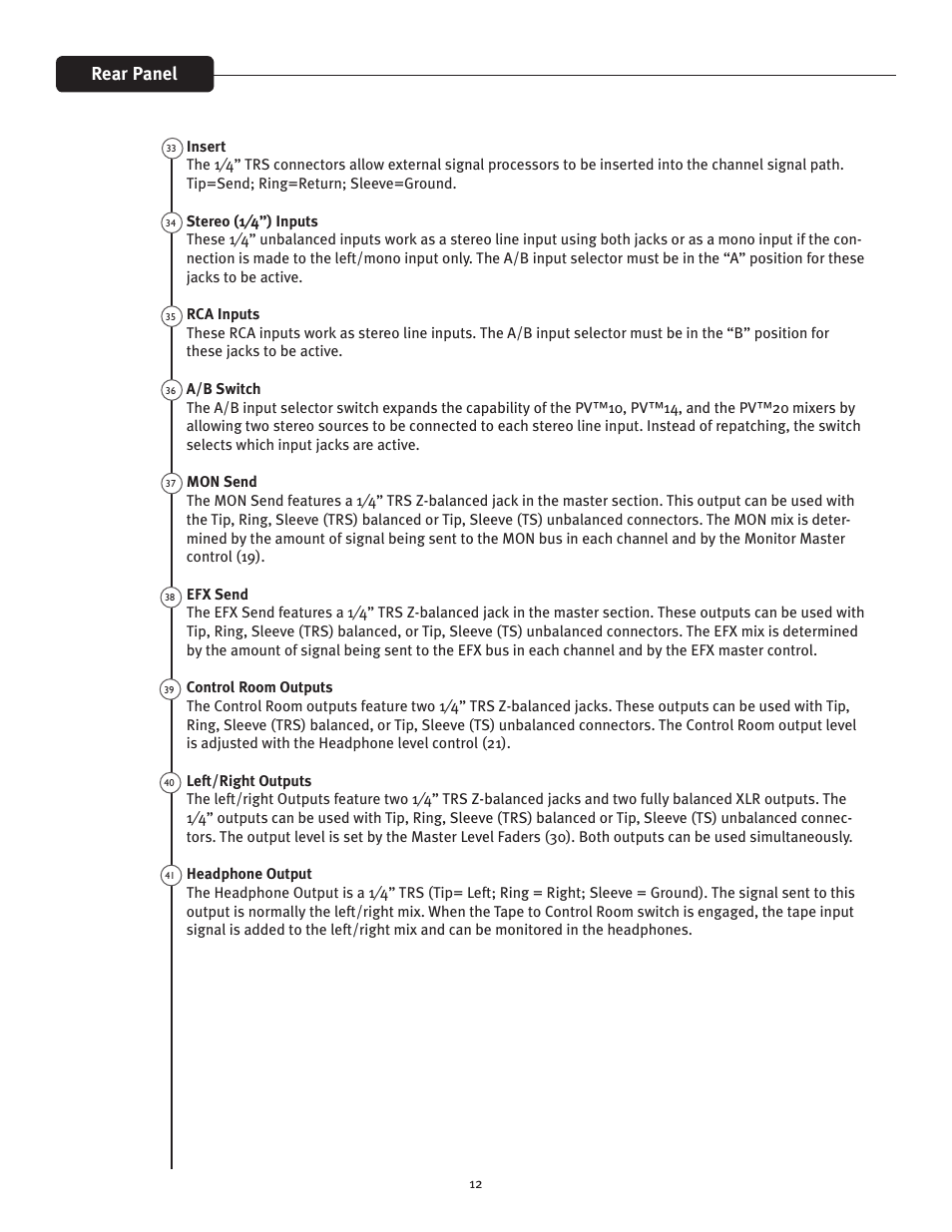 Rear panel | Peavey PV 20 User Manual | Page 12 / 48