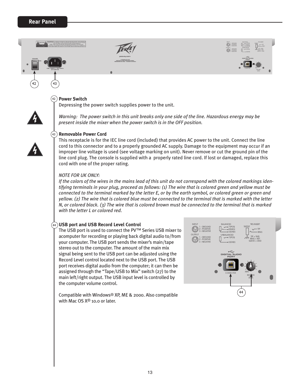 Rear panel, Xp, me & 2000. also compatible with mac os x, 0 or later | Peavey PV 20 User Manual | Page 13 / 48