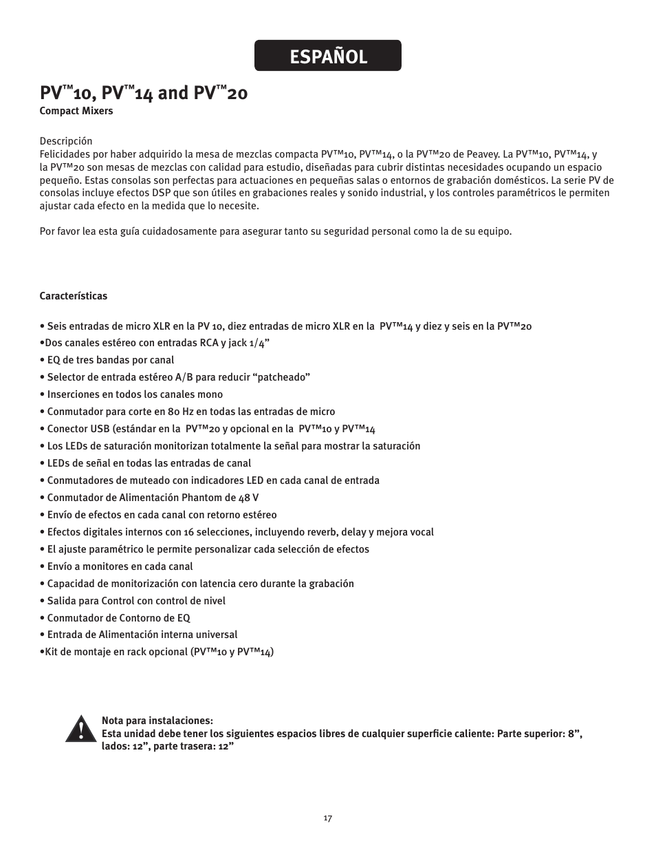 10, pv, 14 and pv, Español | Peavey PV 20 User Manual | Page 17 / 48