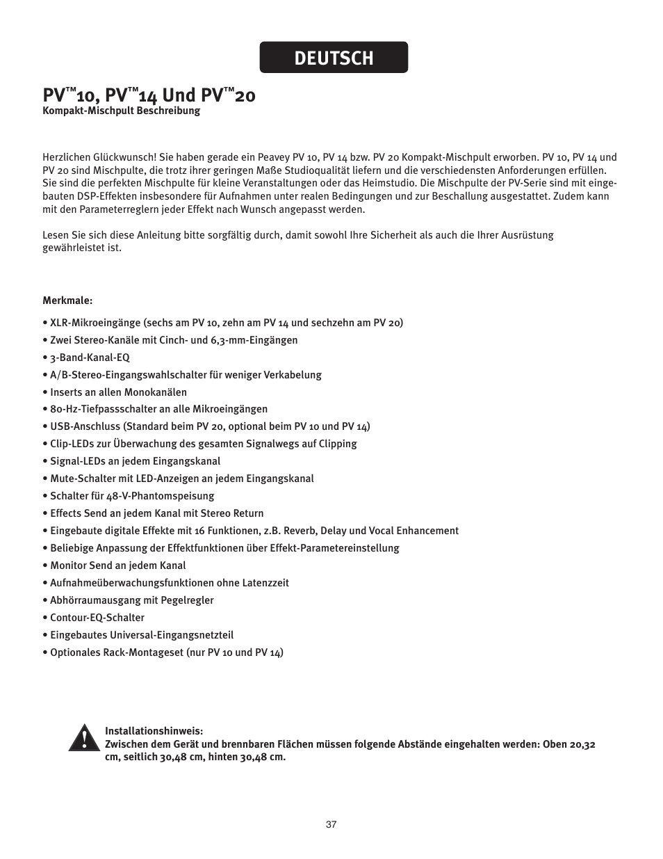 10, pv, 14 und pv, Deutsch | Peavey PV 20 User Manual | Page 37 / 48
