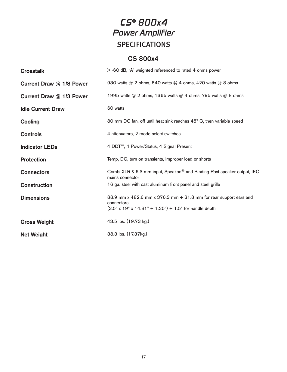 Power amplifier, Specifications | Peavey CS 800x4 User Manual | Page 17 / 52