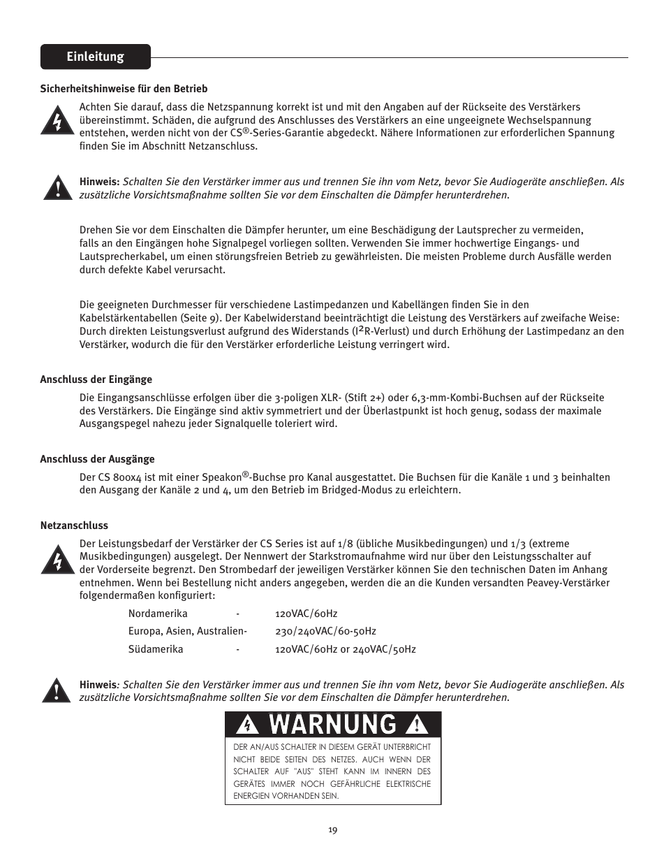 Warnung | Peavey CS 800x4 User Manual | Page 19 / 52