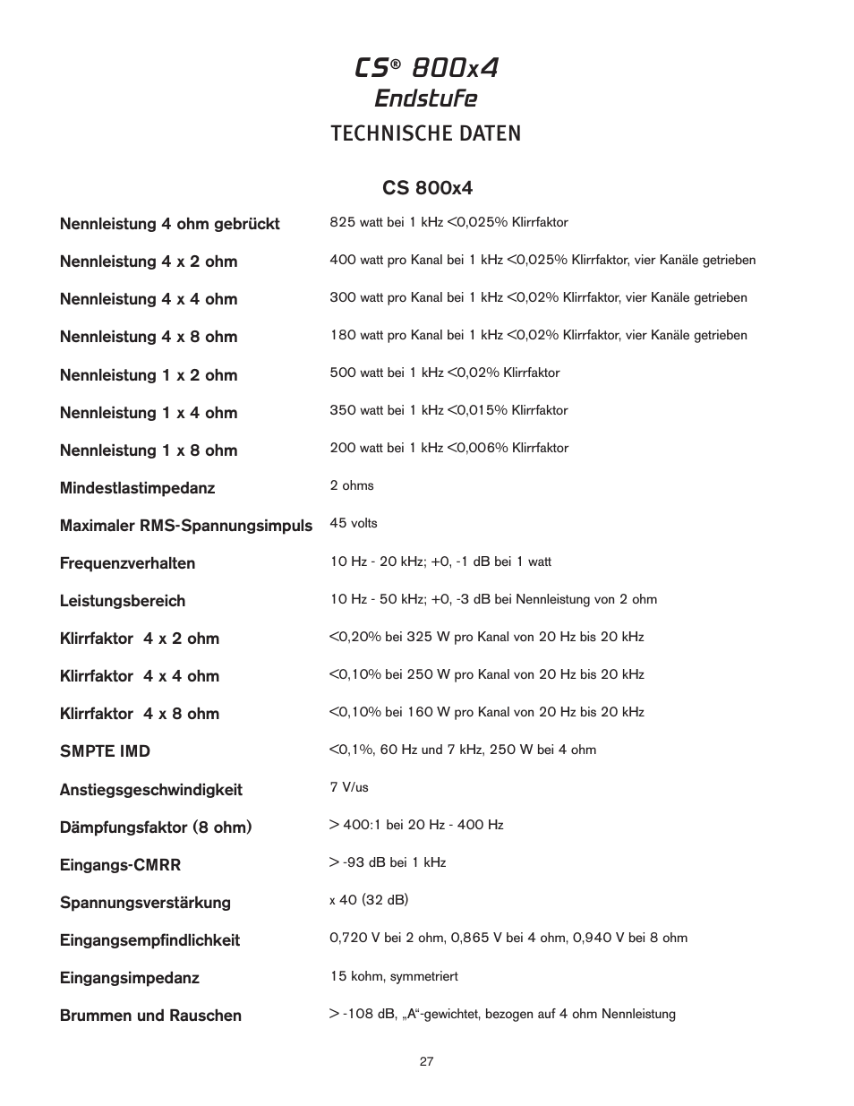Endstufe, Technische daten | Peavey CS 800x4 User Manual | Page 27 / 52