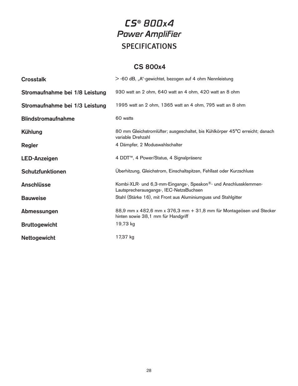 Power amplifier, Specifications | Peavey CS 800x4 User Manual | Page 28 / 52