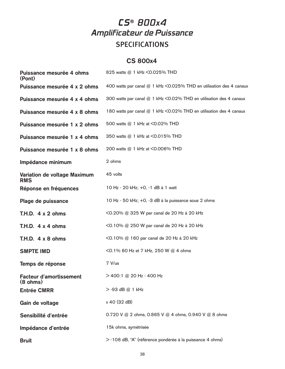 Amplificateur de puissance, Specifications | Peavey CS 800x4 User Manual | Page 38 / 52