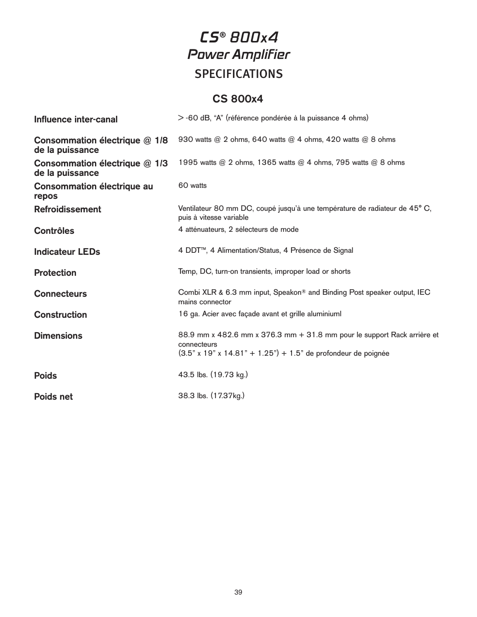 Power amplifier, Specifications | Peavey CS 800x4 User Manual | Page 39 / 52
