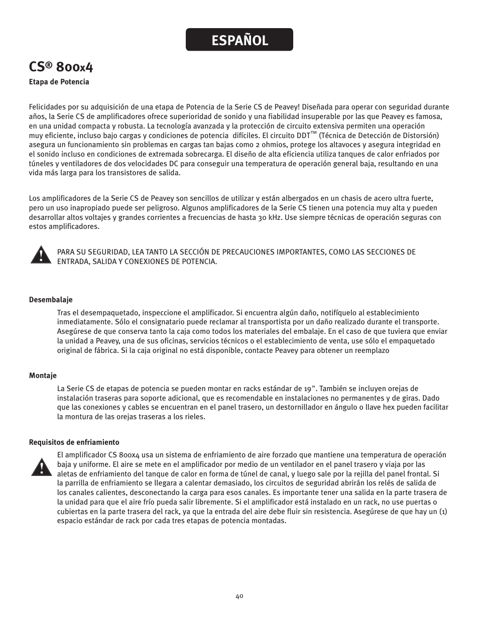 Español | Peavey CS 800x4 User Manual | Page 40 / 52