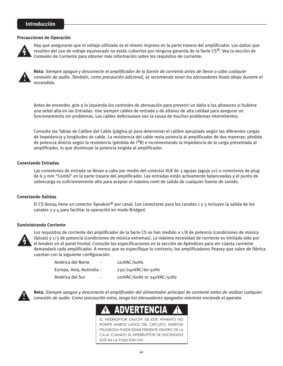 Advertencia | Peavey CS 800x4 User Manual | Page 41 / 52