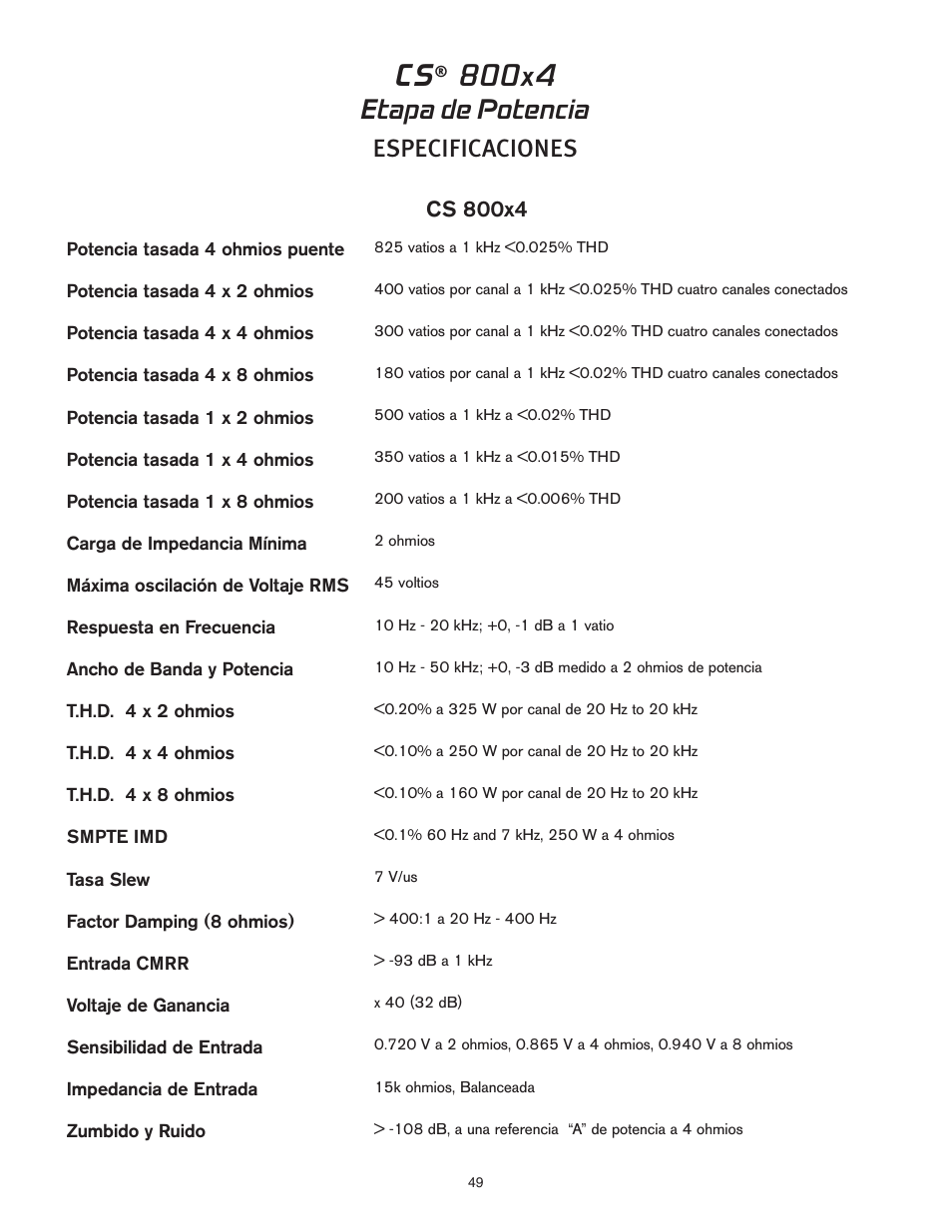 Etapa de potencia, Especificaciones | Peavey CS 800x4 User Manual | Page 49 / 52