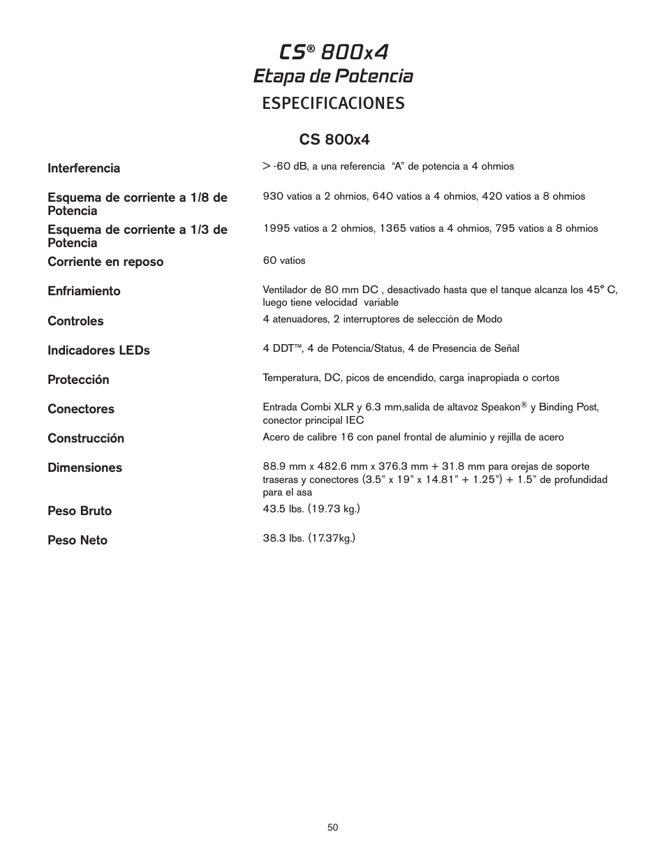 Etapa de potencia, Especificaciones | Peavey CS 800x4 User Manual | Page 50 / 52