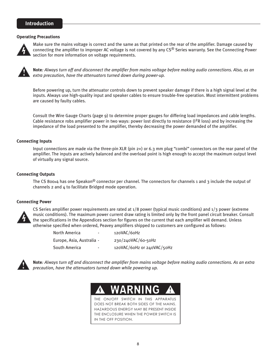 Warning | Peavey CS 800x4 User Manual | Page 8 / 52