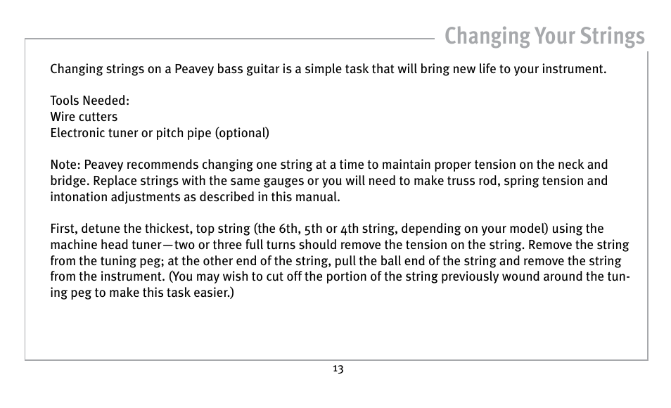 Changing your strings | Peavey Guitar User Manual | Page 13 / 24