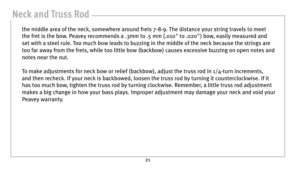 Neck and truss rod | Peavey Guitar User Manual | Page 21 / 24