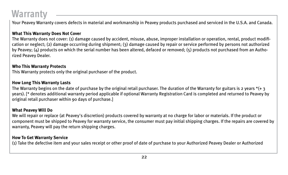 Warranty | Peavey Guitar User Manual | Page 22 / 24