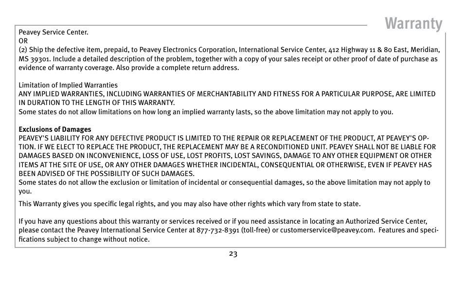 Warranty | Peavey Guitar User Manual | Page 23 / 24