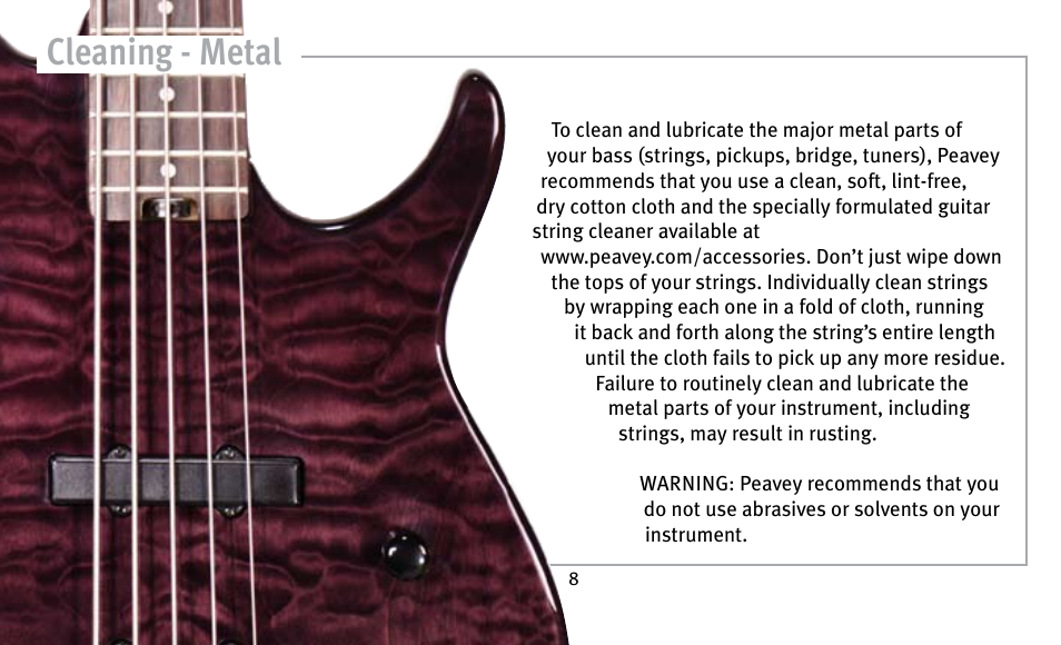 Cleaning - metal | Peavey Guitar User Manual | Page 8 / 24