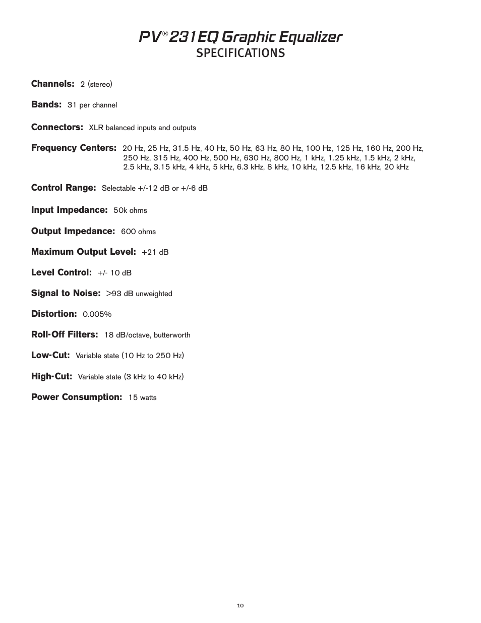 231eq graphic equalizer, Specifications | Peavey PV 231EQ User Manual | Page 10 / 24