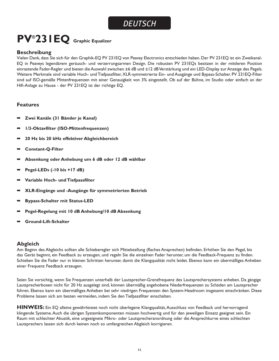 231eq, Deutsch | Peavey PV 231EQ User Manual | Page 11 / 24