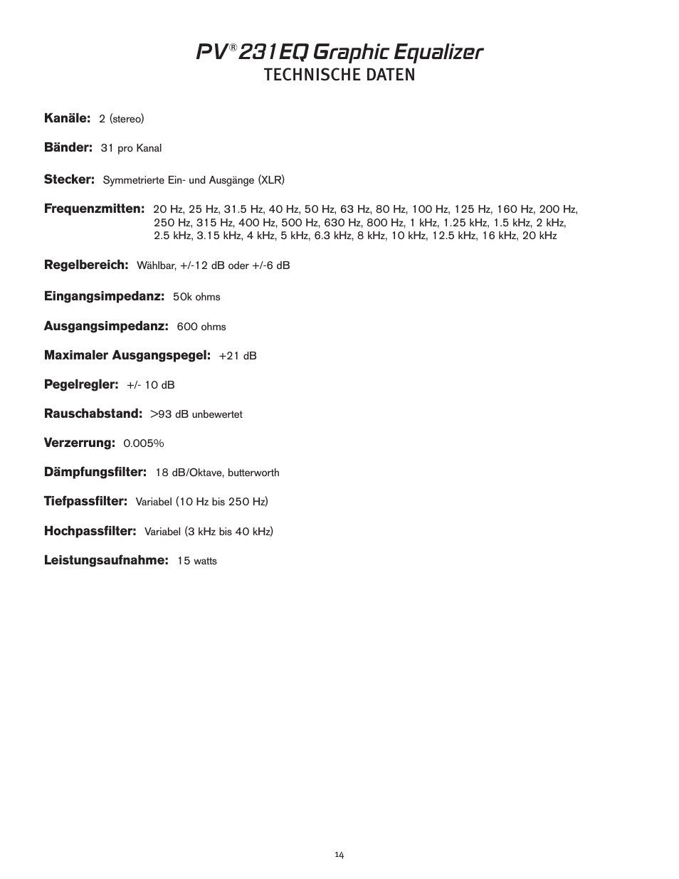 231eq graphic equalizer, Technische daten | Peavey PV 231EQ User Manual | Page 14 / 24