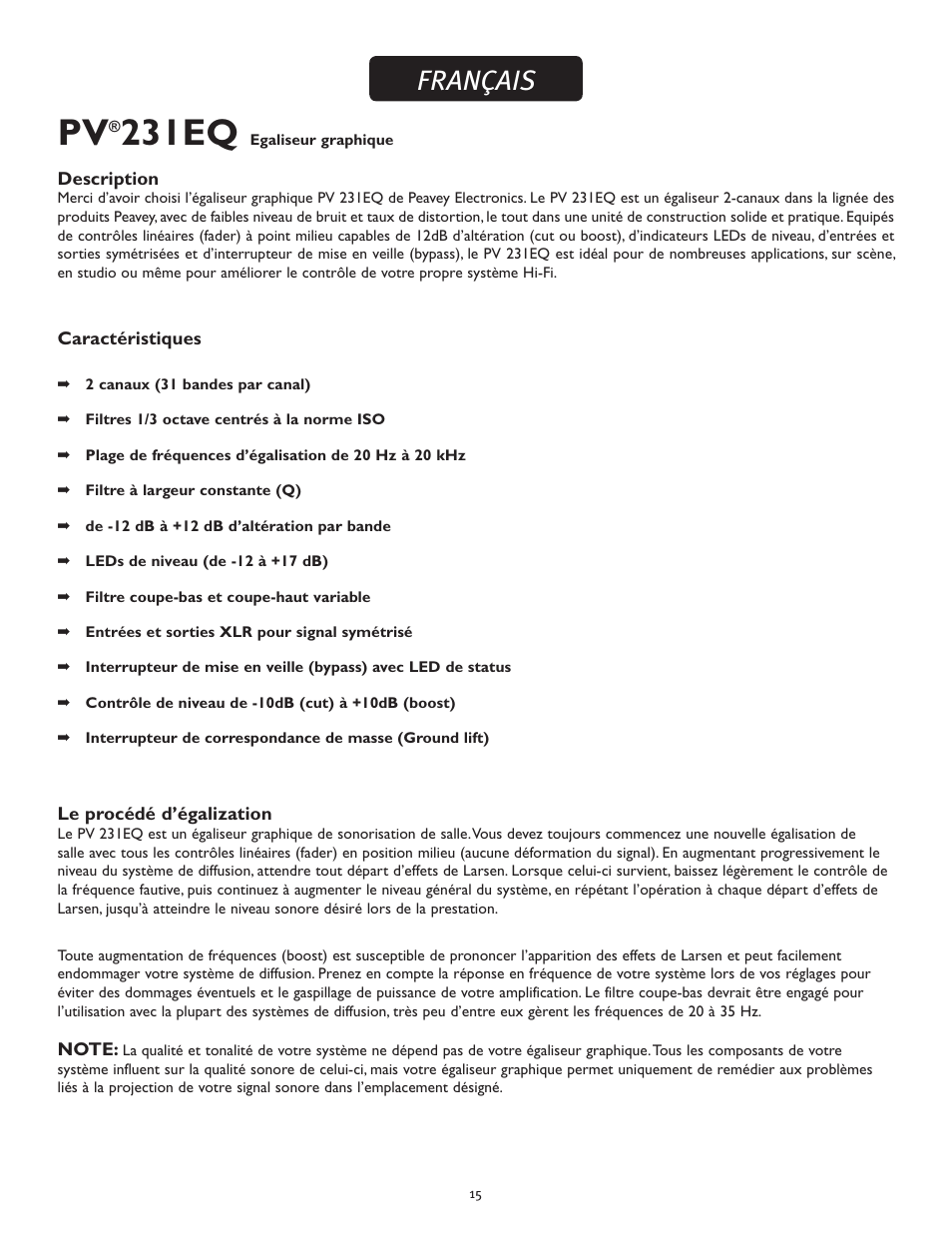 231eq, Français | Peavey PV 231EQ User Manual | Page 15 / 24