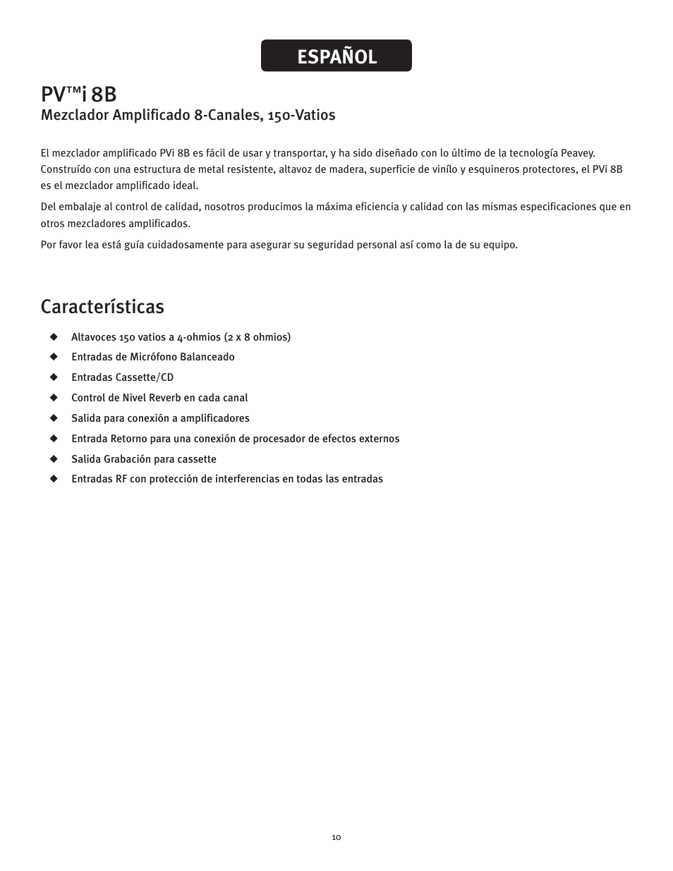 Español características | Peavey PVTMi 8B User Manual | Page 10 / 16