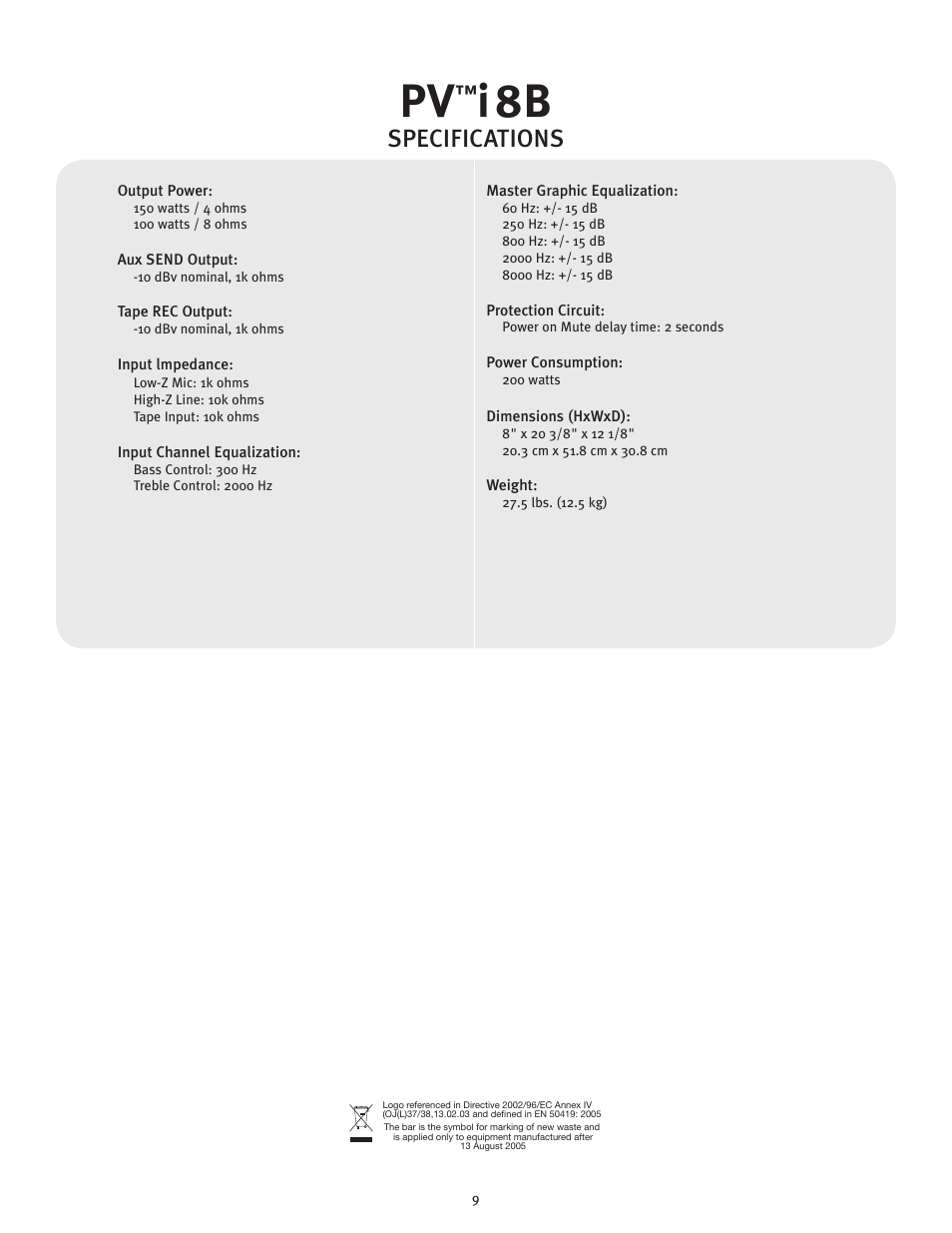 Specifications | Peavey PVTMi 8B User Manual | Page 9 / 16