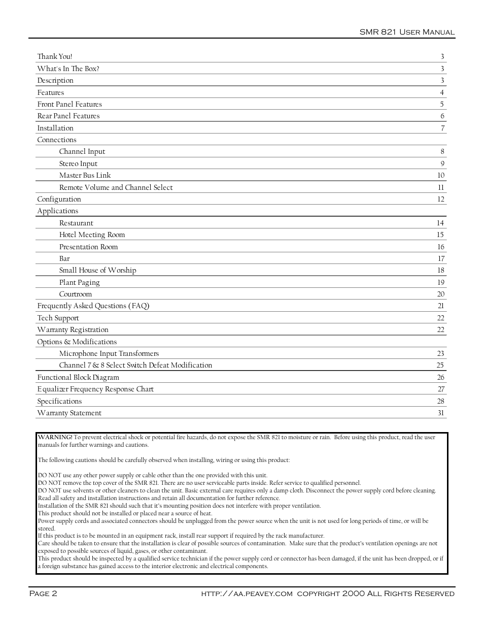 Peavey SMR 821 User Manual | Page 2 / 32