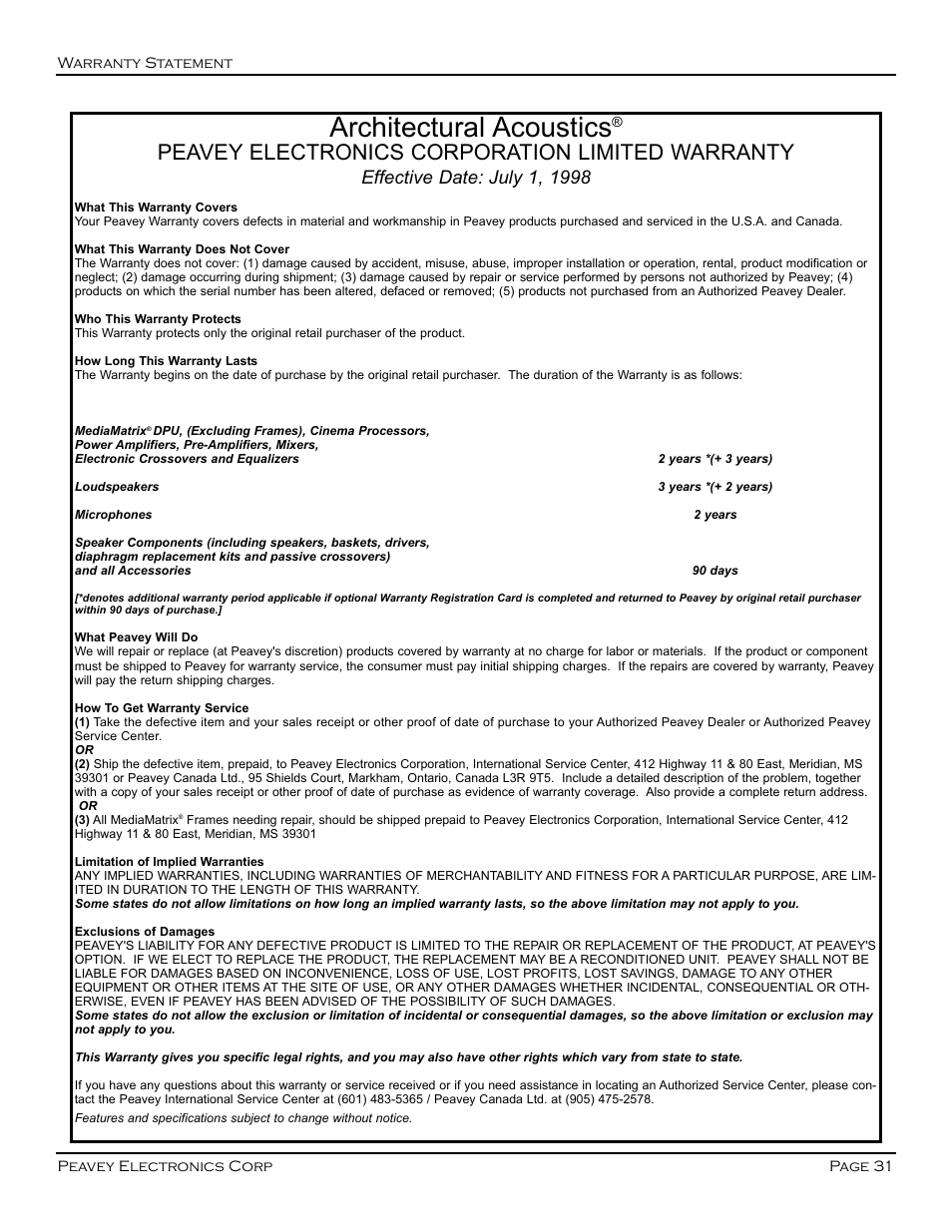 Architectural acoustics, Peavey electronics corporation limited warranty | Peavey SMR 821 User Manual | Page 31 / 32