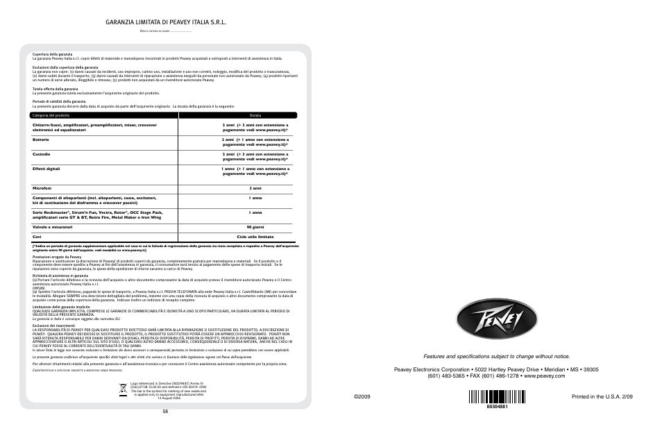 Garanzia limitata di peavey italia s.r.l | Peavey 3120 User Manual | Page 30 / 30