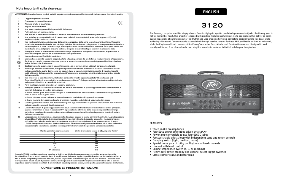 English, Conservare le presenti istruzioni | Peavey 3120 User Manual | Page 5 / 30