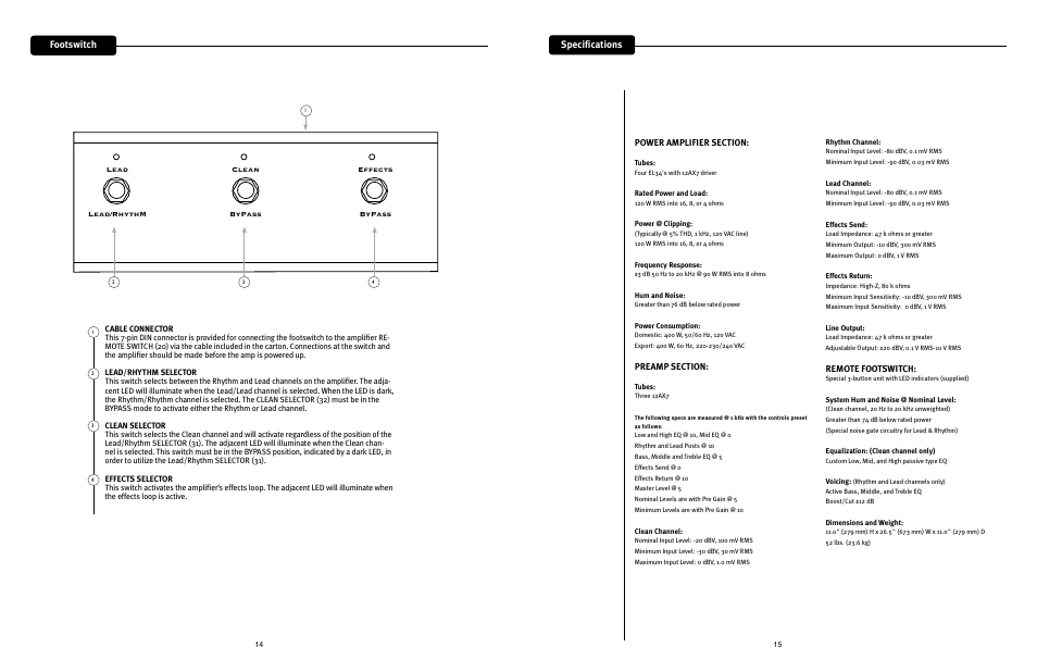 Footswitch, Specifications | Peavey 3120 User Manual | Page 8 / 30