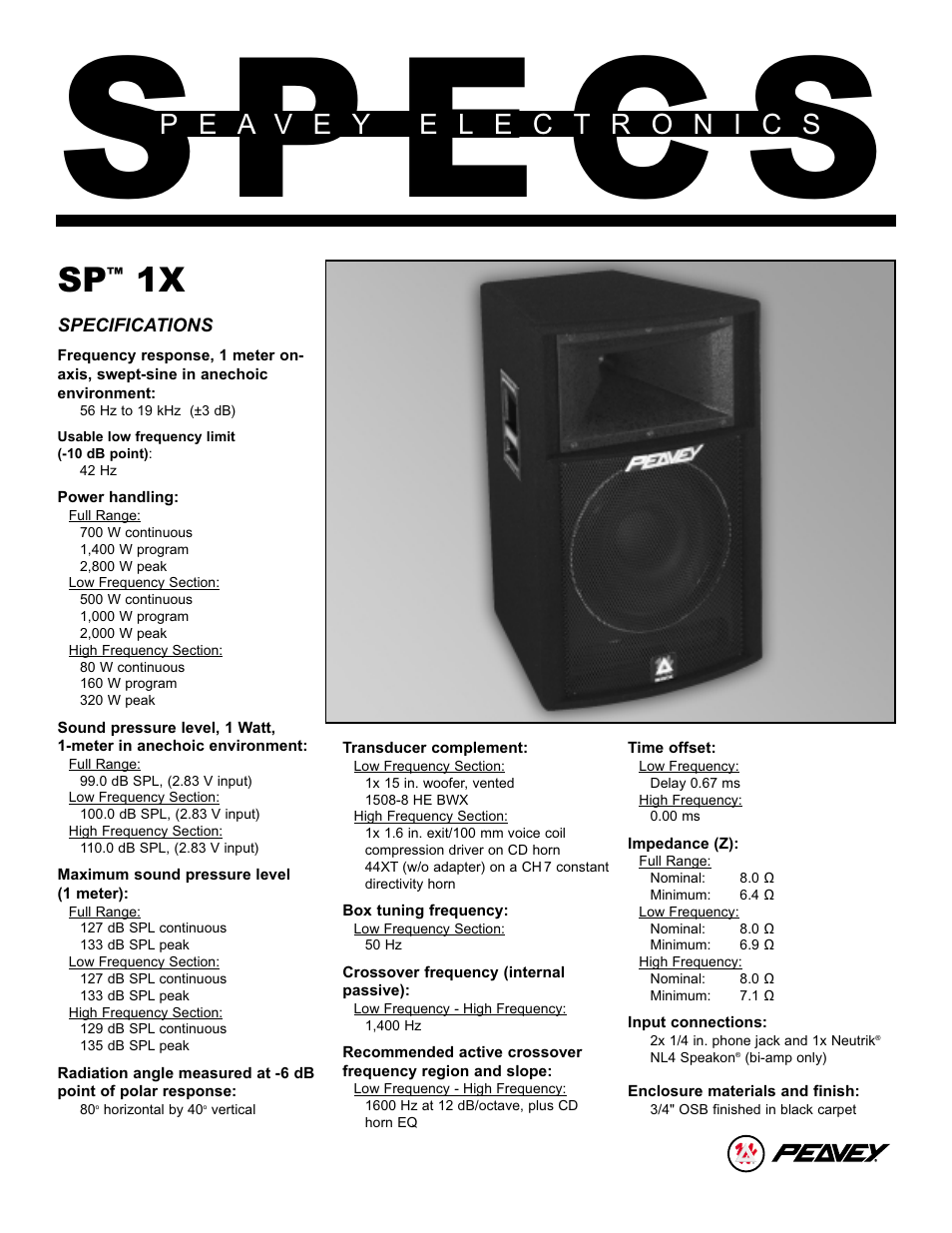 Peavey SP 1X User Manual | 4 pages