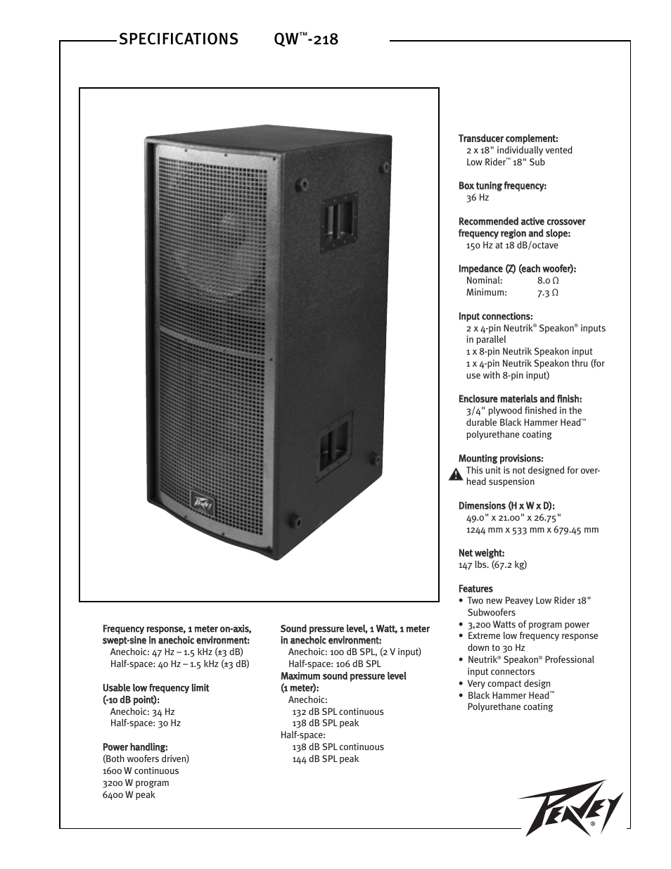 Peavey QW 218 User Manual | 4 pages