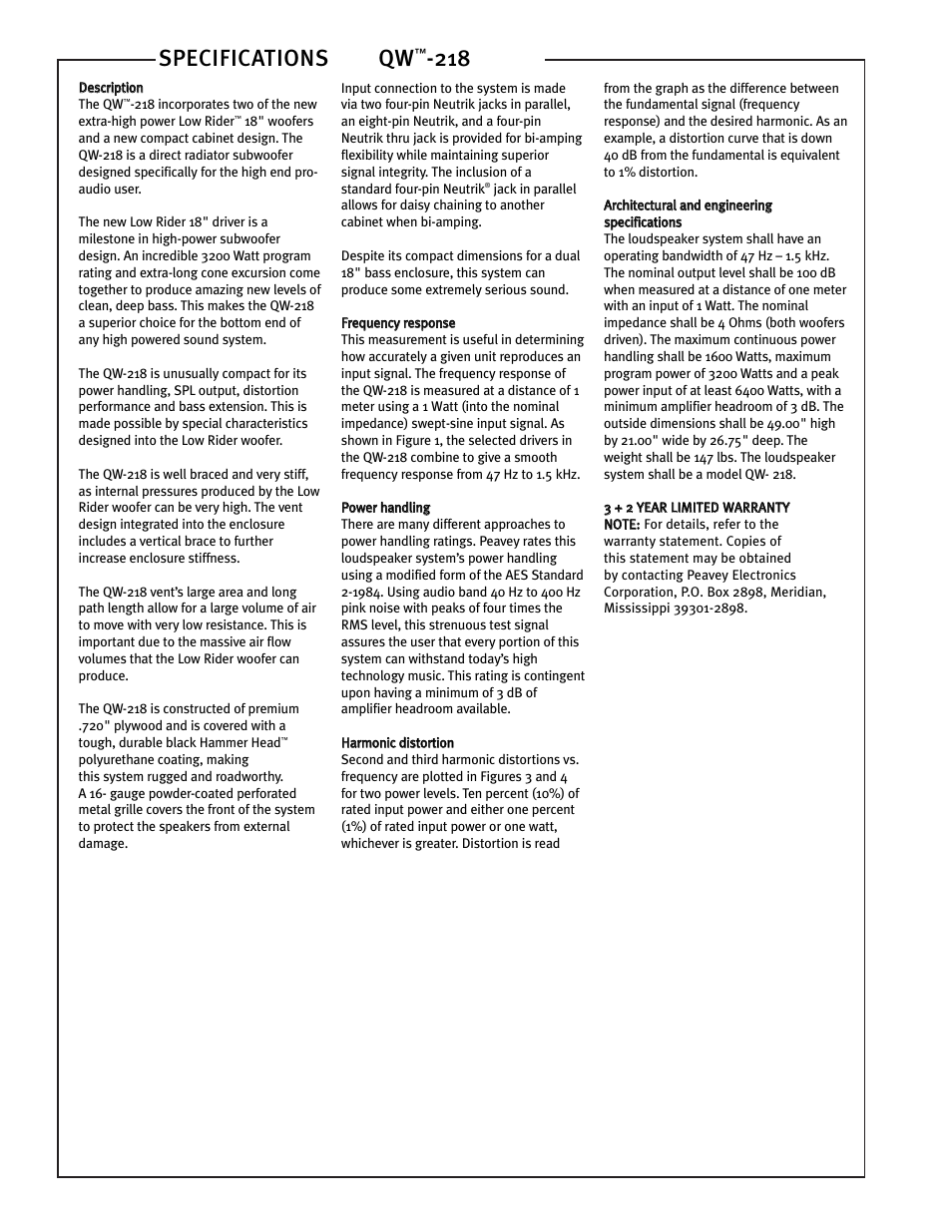 Specifications qw | Peavey QW 218 User Manual | Page 2 / 4