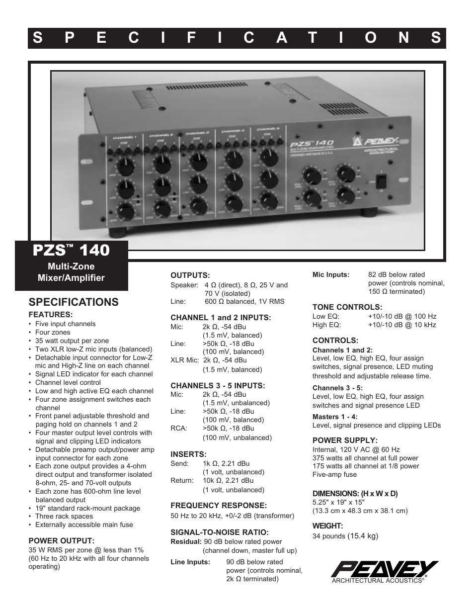 Peavey PZS 140 User Manual | 4 pages