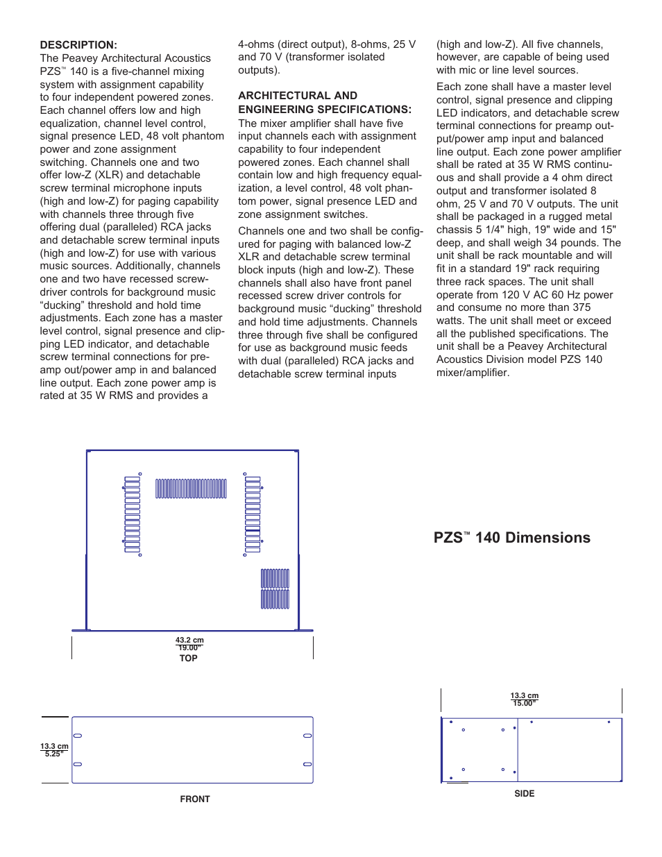 140 dimensions | Peavey PZS 140 User Manual | Page 2 / 4