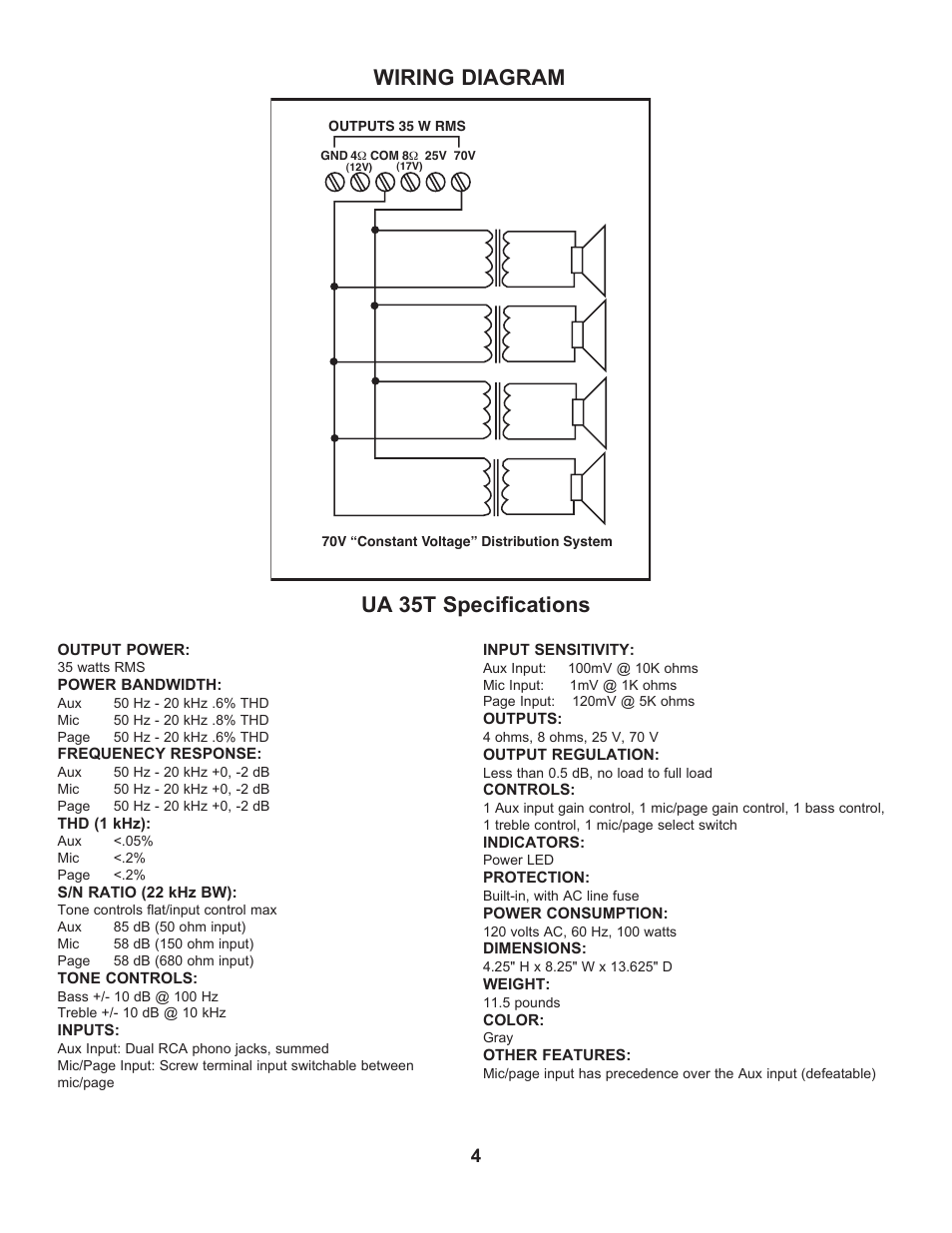 Wiring diagram, Ua 35t specifications | Peavey UA 35T II User Manual | Page 4 / 6