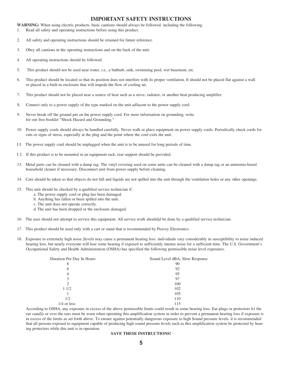 5important safety instructions | Peavey UA 35T II User Manual | Page 5 / 6