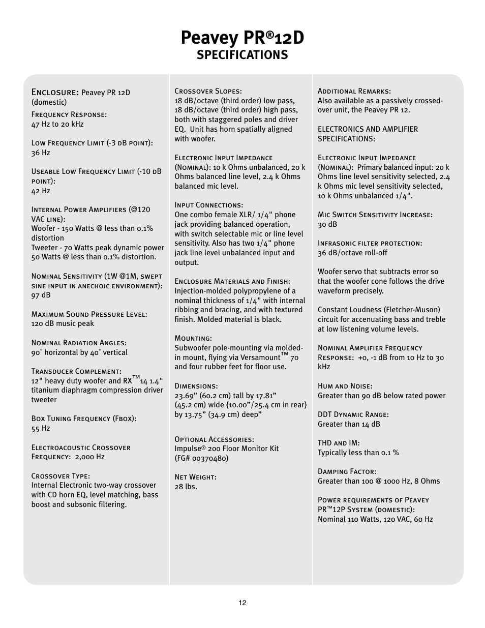 Peavey pr, Specifications | Peavey PR 12 D User Manual | Page 12 / 16