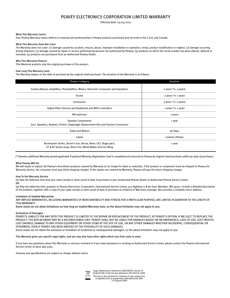 Peavey electronics corporation limited warranty | Peavey PR 12 D User Manual | Page 14 / 16