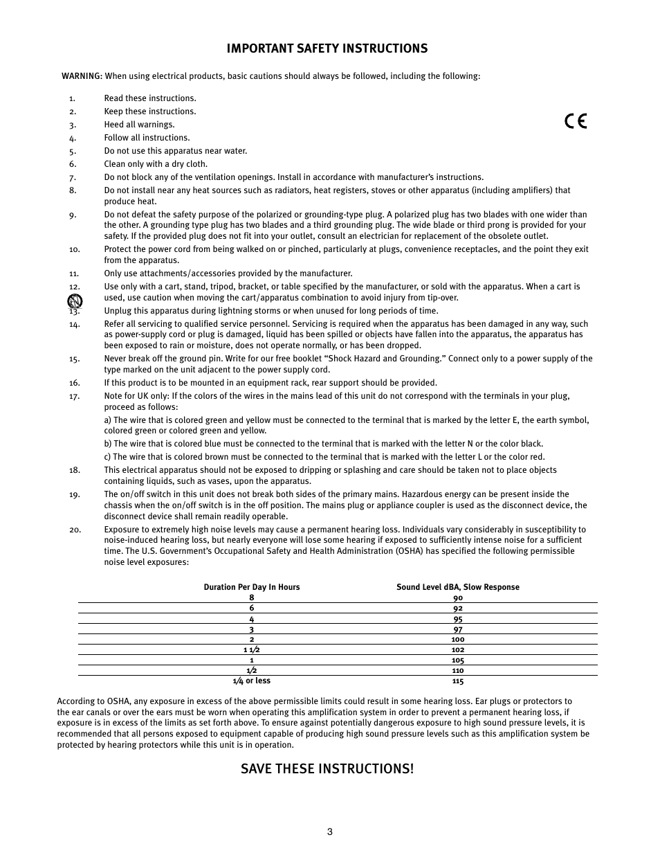 Save these instructions, Important safety instructions | Peavey PR 12 D User Manual | Page 3 / 16