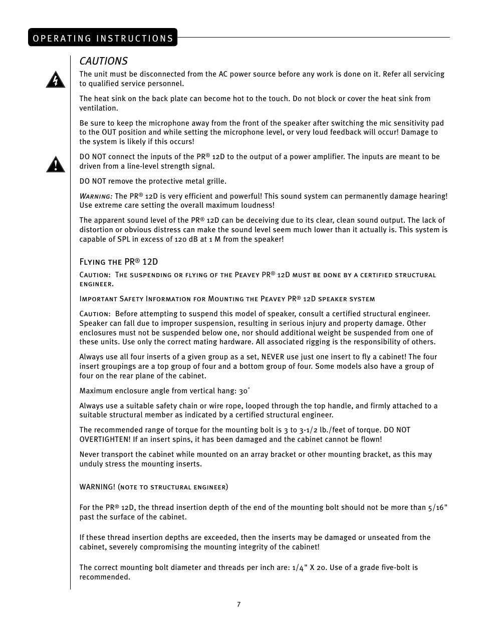 Cautions | Peavey PR 12 D User Manual | Page 7 / 16