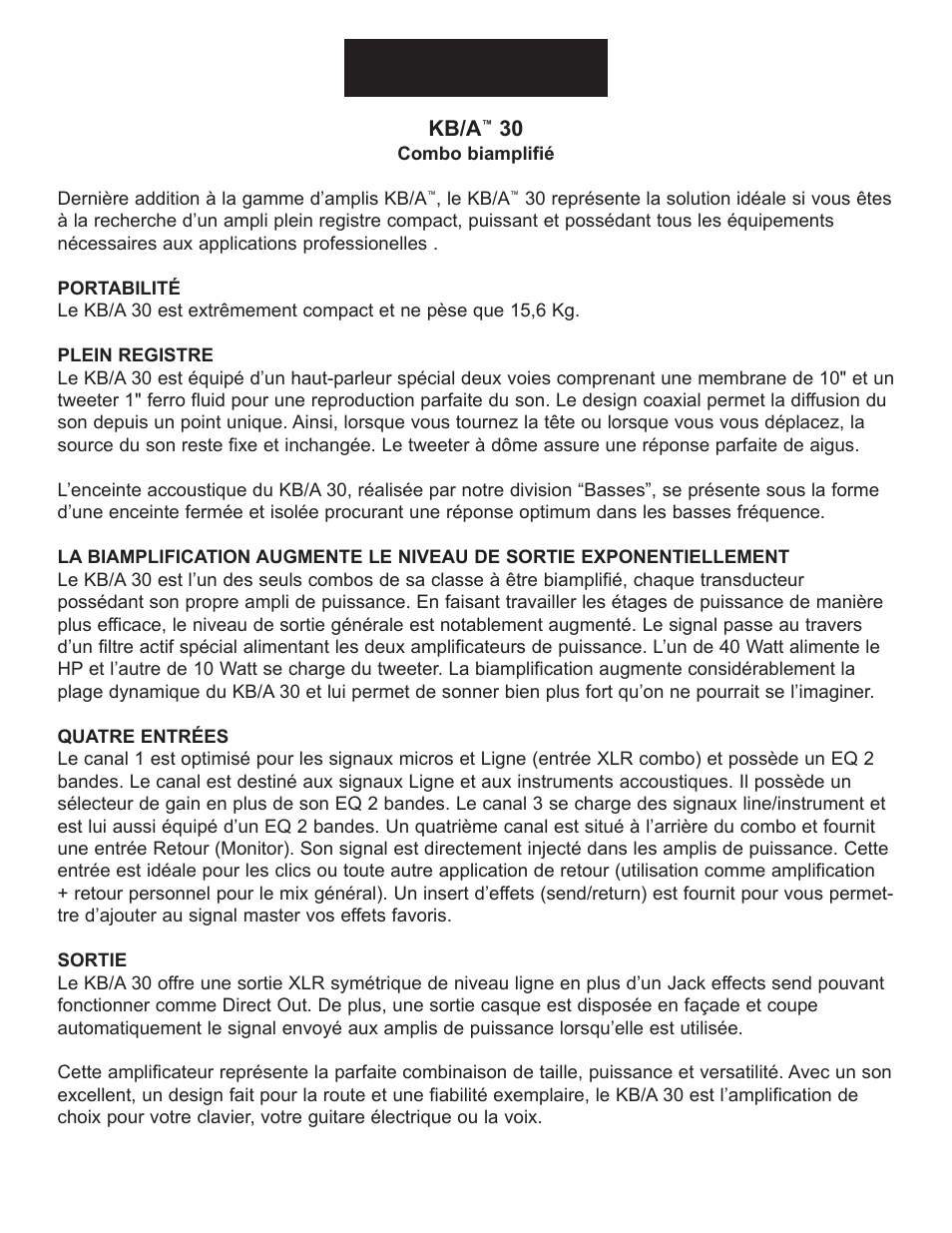 Kb/a, Français | Peavey KB/A 30 User Manual | Page 13 / 24